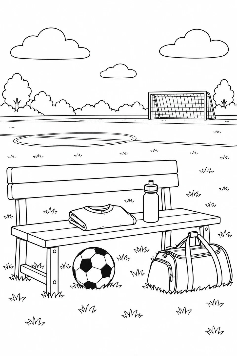 A folded shirt and water bottle sit on a bench, with a soccer ball and sports bag below.