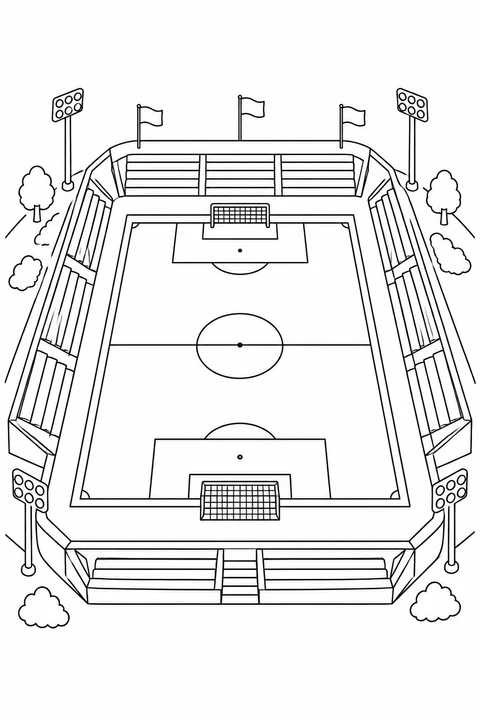 An empty soccer stadium has a marked field, two goals, tiered seating, flags and floodlights.