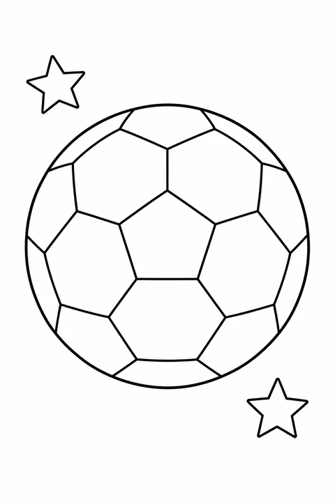 A large outlined soccer ball sits between two stars, with broad panels to color.