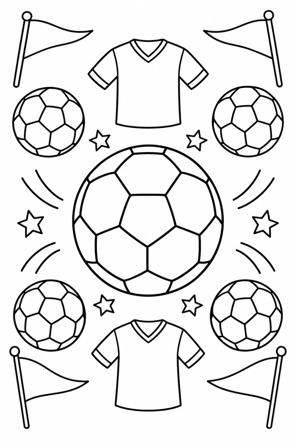 Soccer balls, plain jerseys, pennant flags and stars form a playful sports pattern.