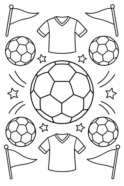 Soccer balls, plain jerseys, pennant flags and stars form a playful sports pattern.