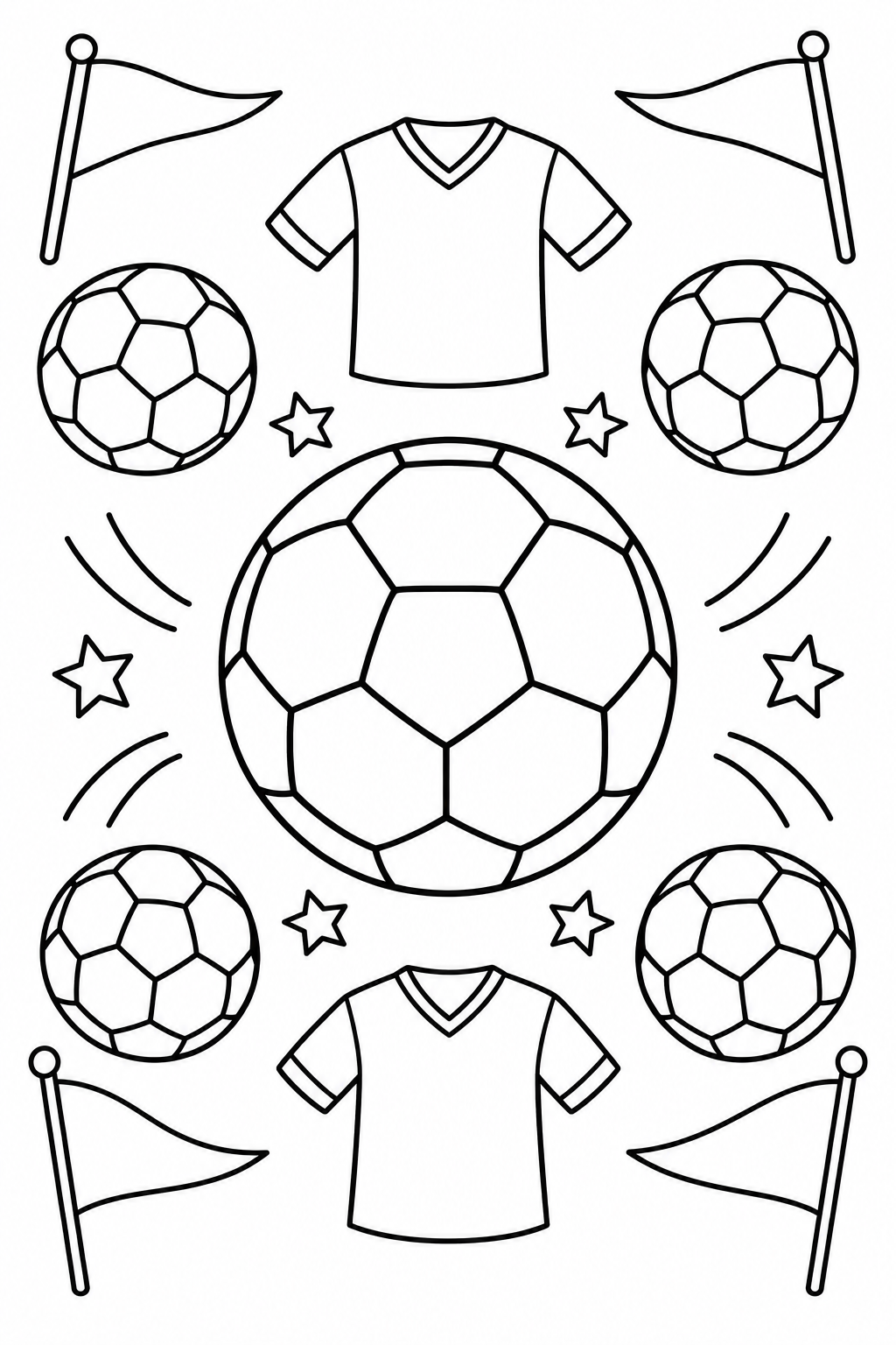 Soccer balls, plain jerseys, pennant flags and stars form a playful sports pattern.