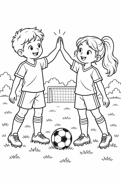 A boy and girl in soccer kit share a high-five, with a ball on the grass and a goal behind them.