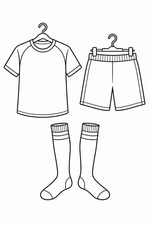 A plain soccer shirt and shorts hang above a pair of long socks.