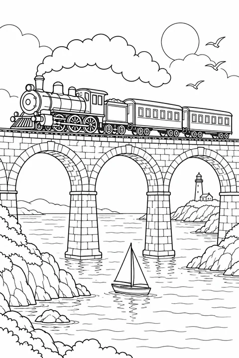 Steam train on a three-arch coastal bridge above a sailboat, with a distant lighthouse.