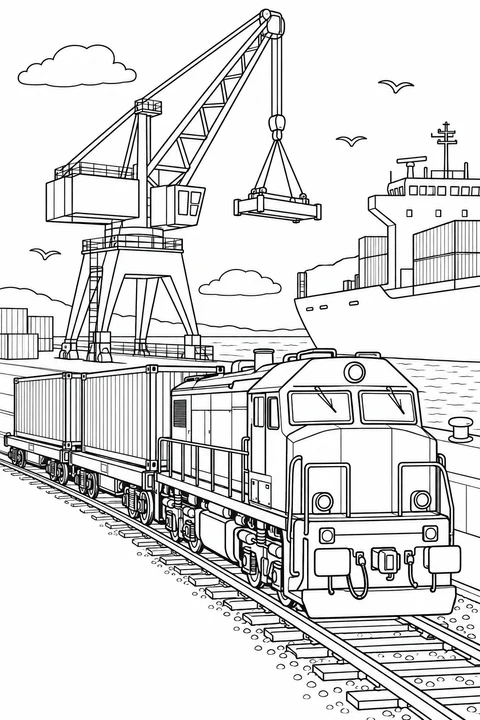 Freight train with two containers beside a harbor crane and cargo ship.