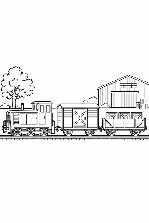 Freight engine pulling a covered wagon and an open wagon with three crates beside a warehouse.
