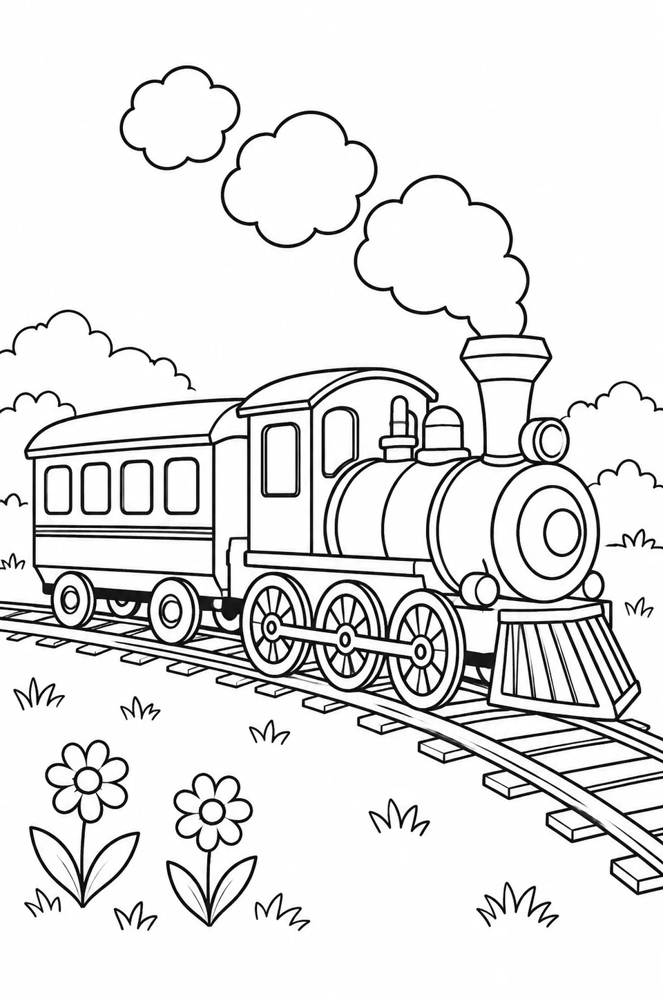 Steam engine and passenger coach beside two flowers, with rounded steam clouds above.