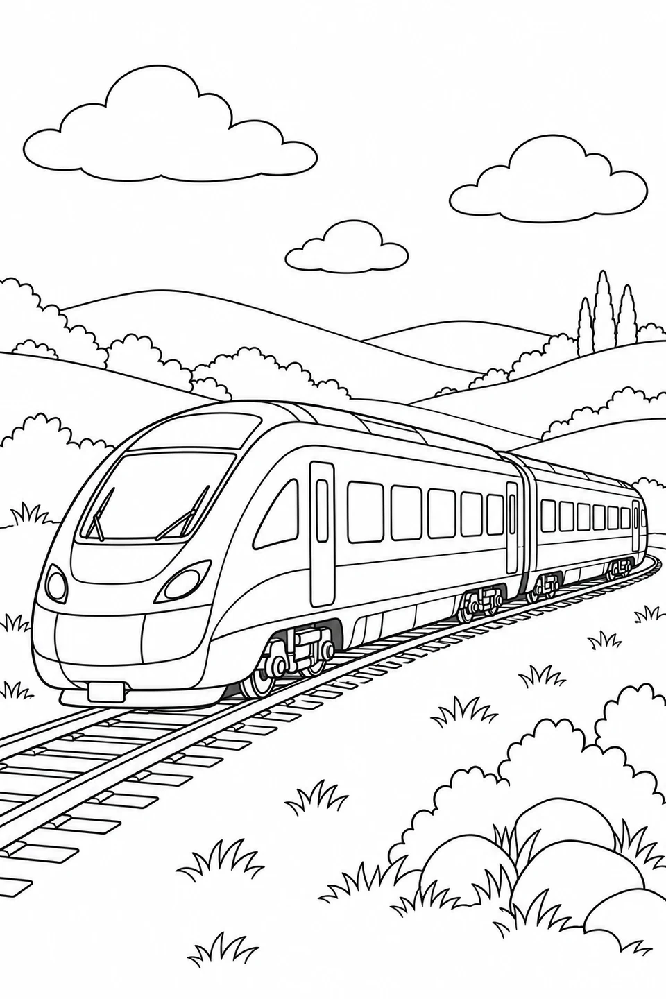 Two-car streamlined passenger train on curved tracks between hills and bushes.