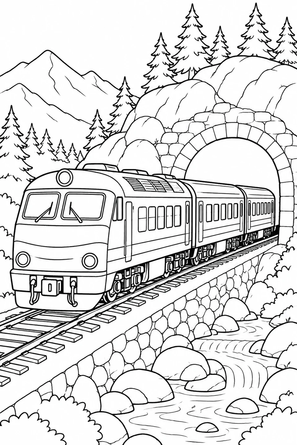Passenger train leaving a stone tunnel above a rocky stream among conifers.