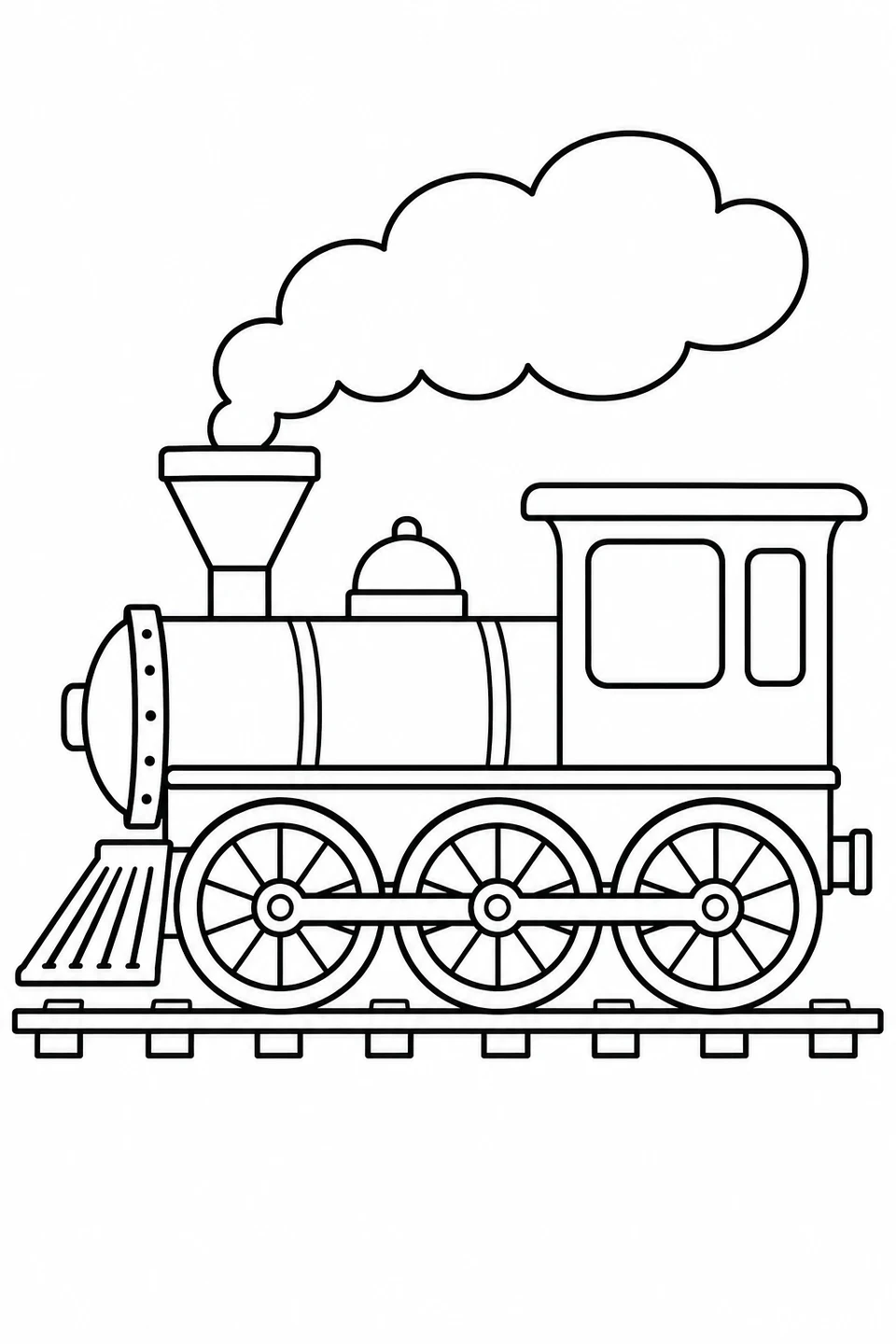 Side view of a steam engine with three spoked wheels and a large steam cloud.
