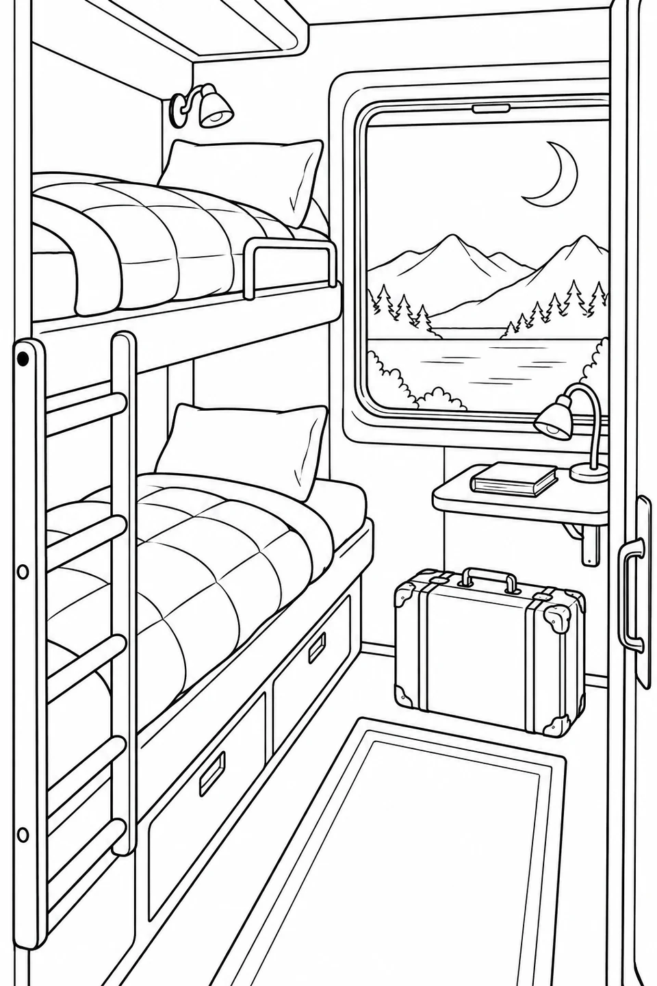 Train compartment with upper and lower bunks, a ladder and suitcase, with mountains outside.