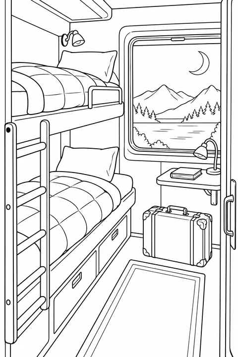Train compartment with upper and lower bunks, a ladder and suitcase, with mountains outside.
