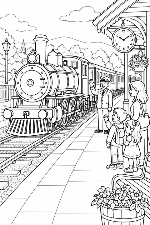 Uniformed railway worker waving beside a steam train as two children and an adult wait on the platform.