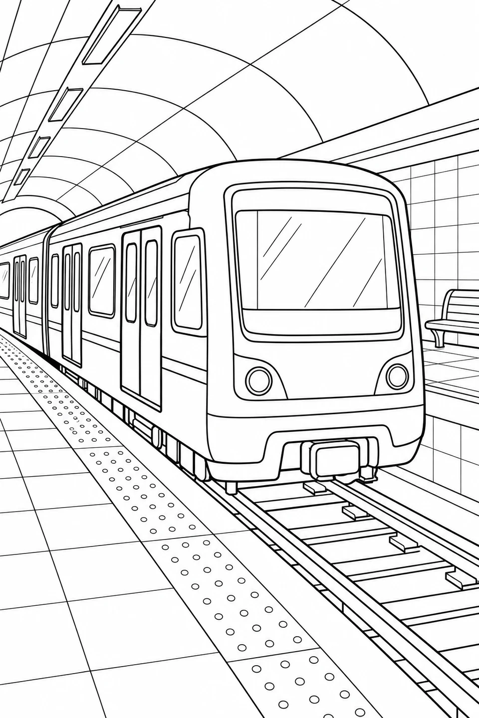 Subway train with closed doors between tiled platforms under an arched ceiling.