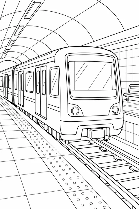 Subway train with closed doors between tiled platforms under an arched ceiling.