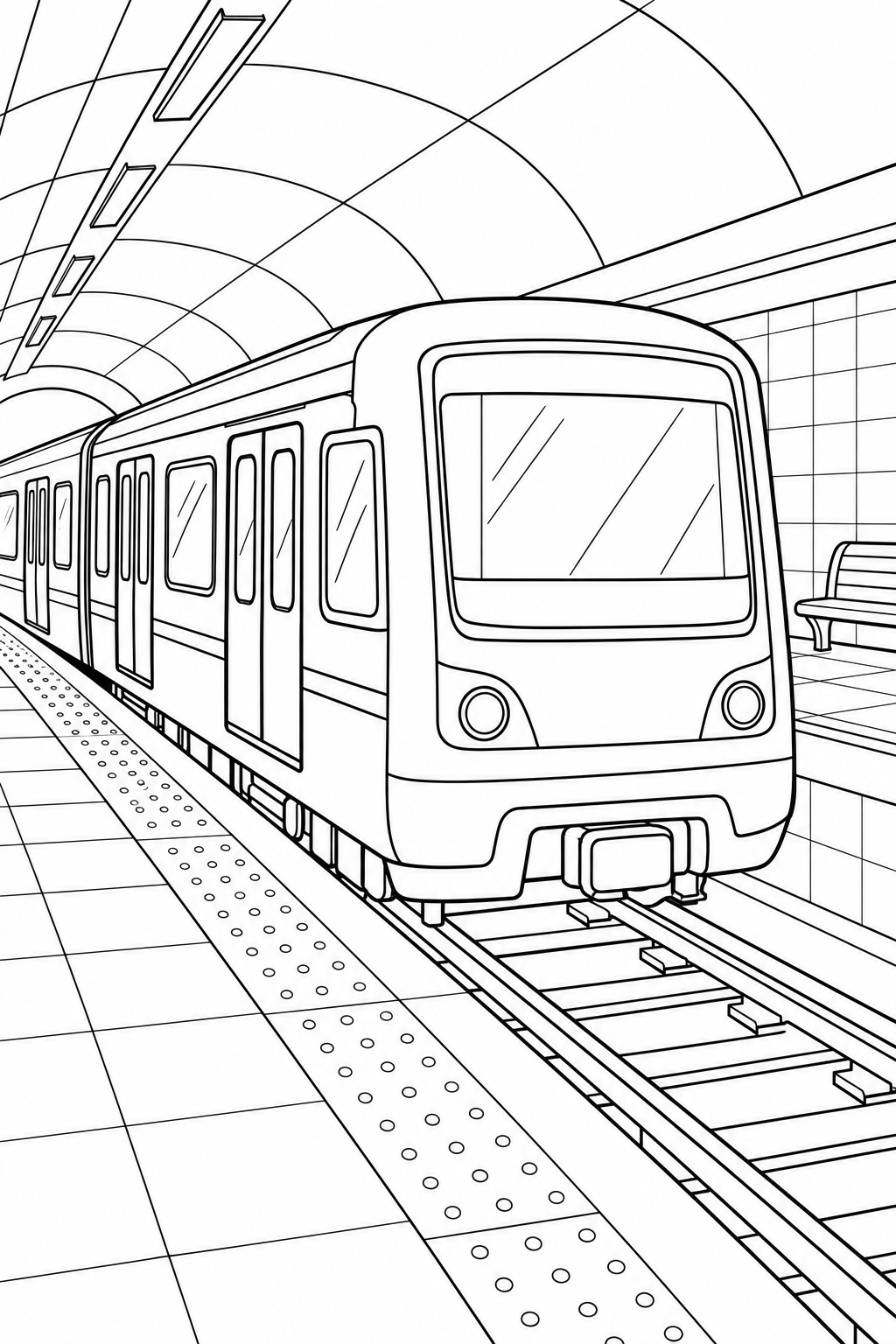 Subway train with closed doors between tiled platforms under an arched ceiling.