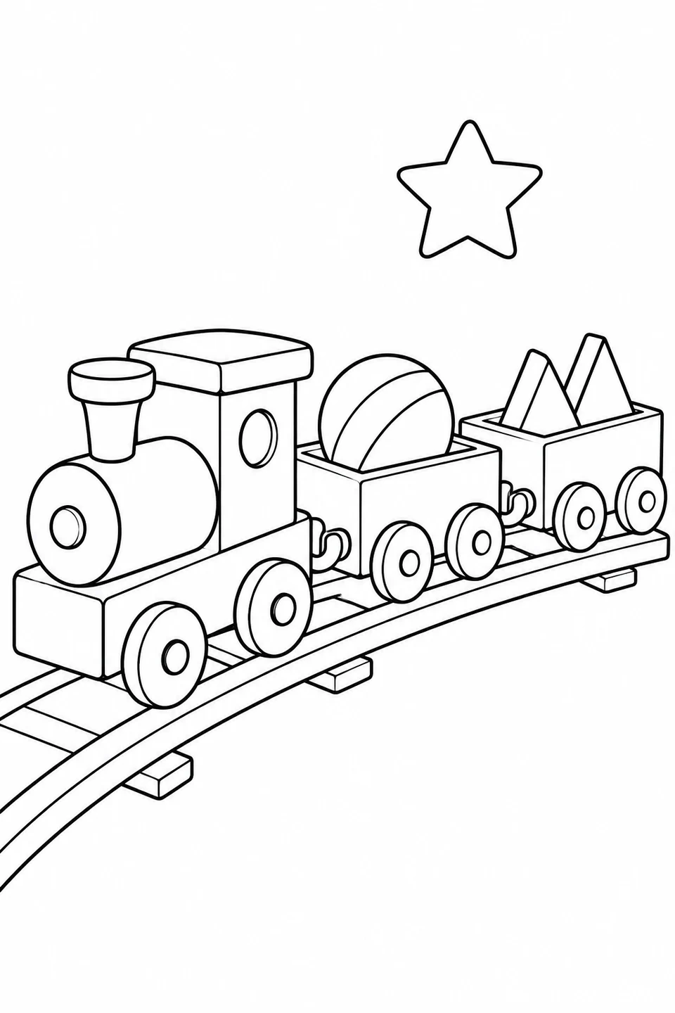 Toy engine and two wagons carrying a ball and triangular blocks beneath a star.
