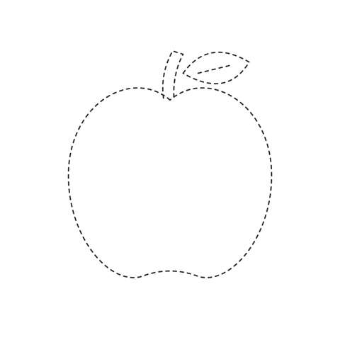 Dashed outline of a rounded apple with a short stalk and pointed leaf.