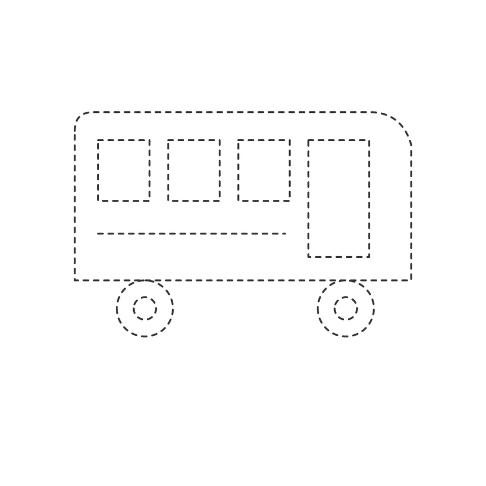 Dashed drawing of a bus with three windows, a tall door and two wheels.