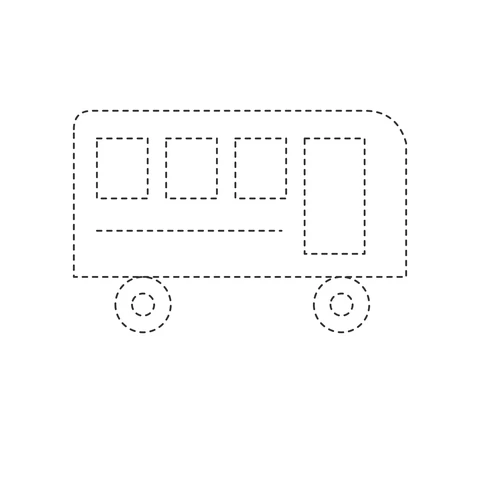 Dashed drawing of a bus with three windows, a tall door and two wheels.