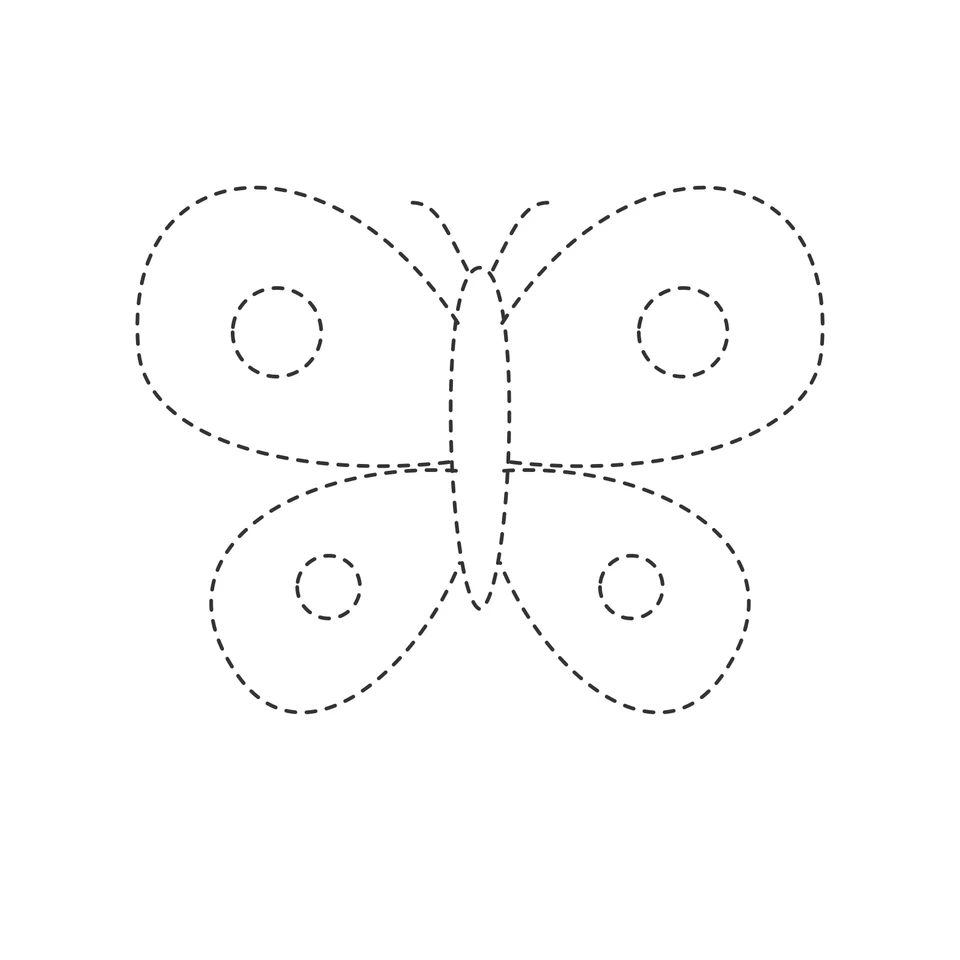 Dashed butterfly with a narrow body and a round marking on each of its four wings.
