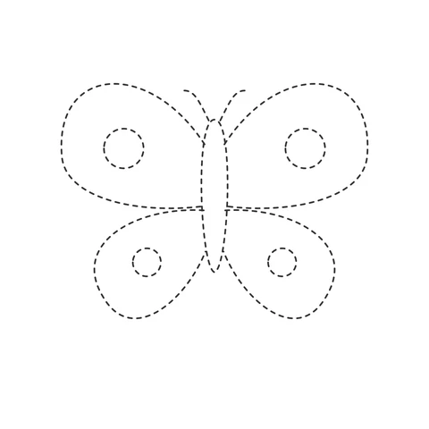 Dashed butterfly with a narrow body and a round marking on each of its four wings.