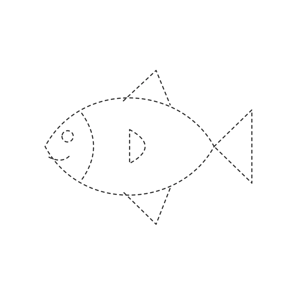 Dashed smiling fish with a round eye, fins and a triangular tail.