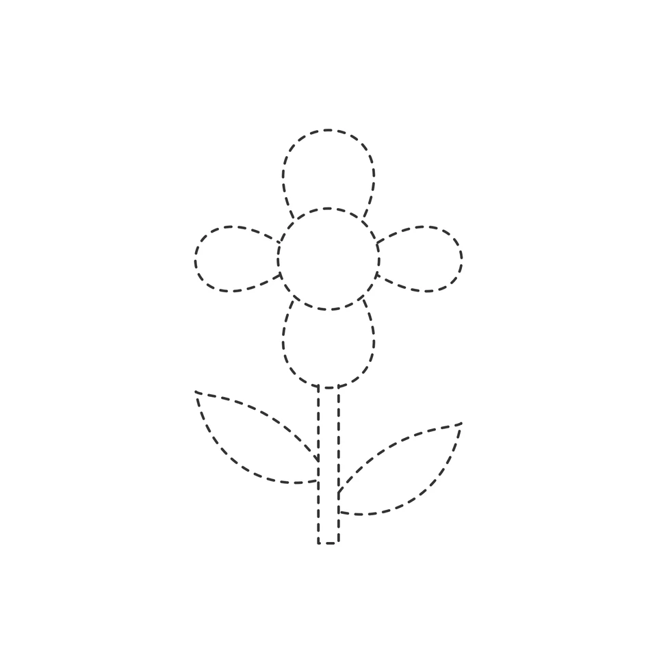 Dashed flower with four rounded petals, a circular center and two pointed leaves.