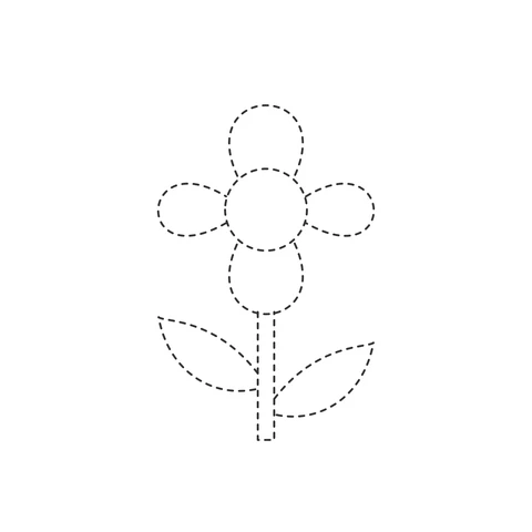 Dashed flower with four rounded petals, a circular center and two pointed leaves.