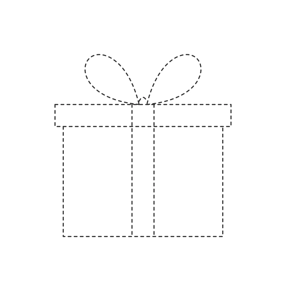 Dashed gift box with a lid, vertical ribbon and two large bow loops.