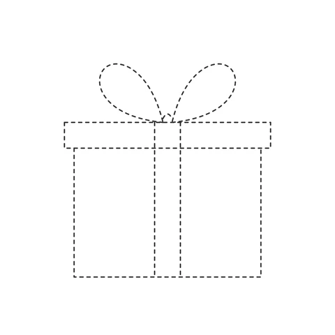 Dashed gift box with a lid, vertical ribbon and two large bow loops.
