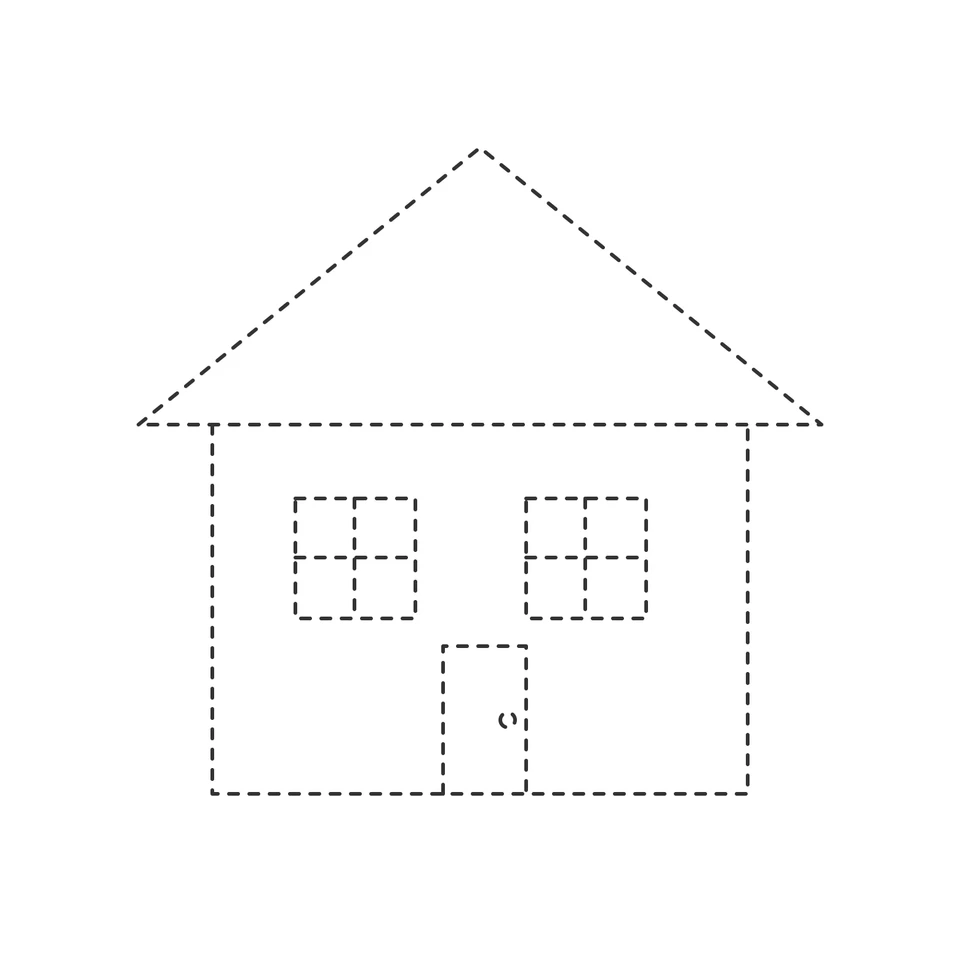 Dashed house with a triangular roof, two four-pane windows and a rectangular door.