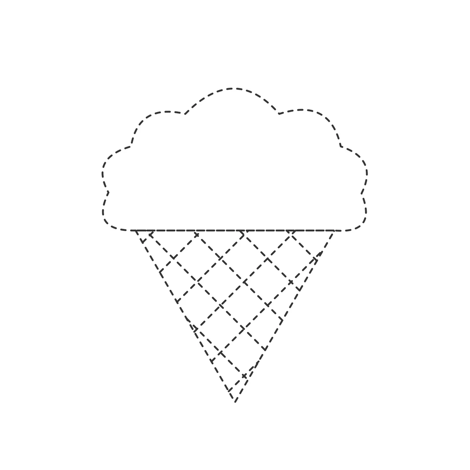 Dashed ice cream cone with a wavy scoop and a diagonal waffle pattern.