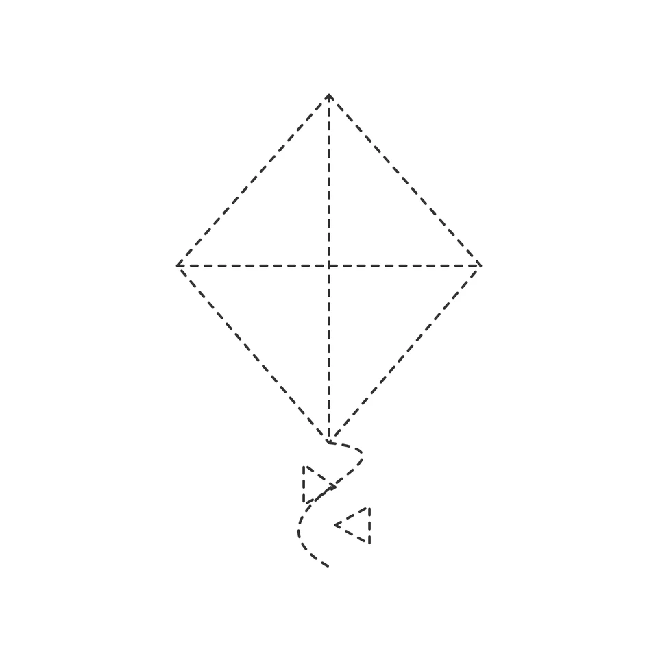 Dashed outline of a diamond-shaped kite with crossing lines, a wavy tail and two triangular decorations.