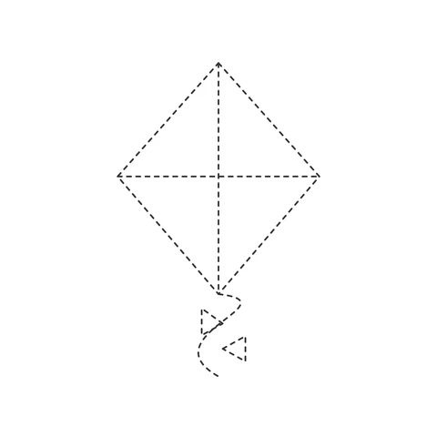 Dashed outline of a diamond-shaped kite with crossing lines, a wavy tail and two triangular decorations.