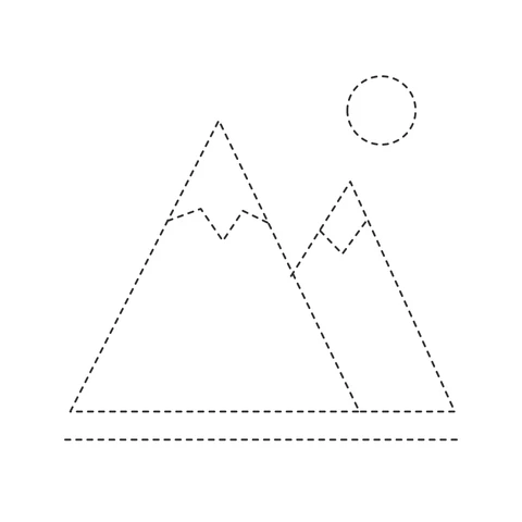 Dashed outlines of two overlapping mountains with zigzag snow lines and a round sun.