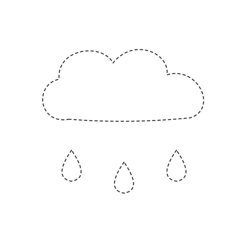 Dashed outline of a rounded cloud with three separate raindrops beneath it.