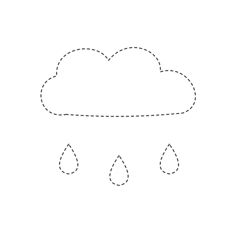 Dashed outline of a rounded cloud with three separate raindrops beneath it.