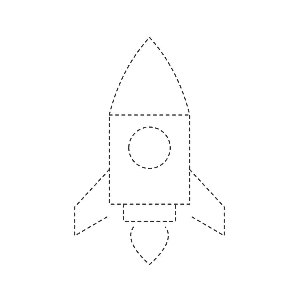 Dashed rocket with a round window, two side fins and a flame beneath the body.