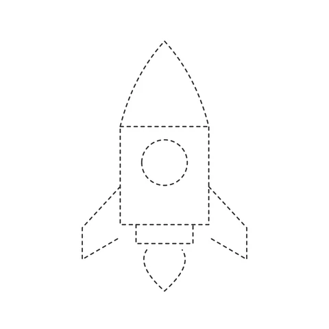 Dashed rocket with a round window, two side fins and a flame beneath the body.