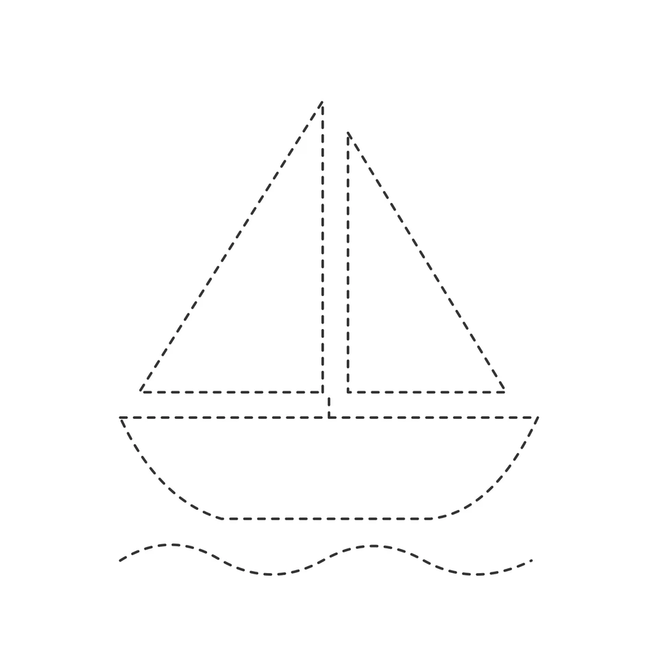 Dashed sailboat with two triangular sails, a curved hull and a long wave below.