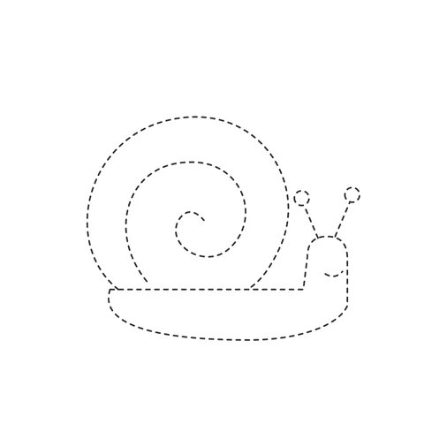 Dashed snail with a spiral shell and two eye stalks above its smiling head.