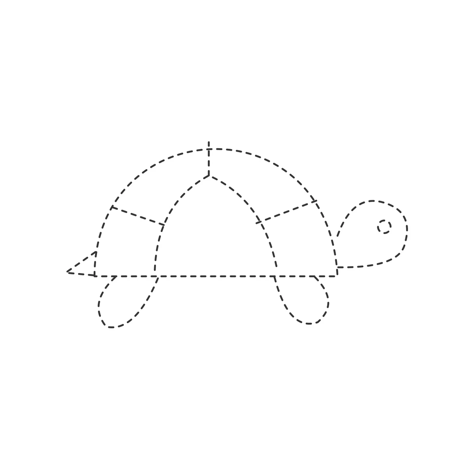 Dashed side view of a turtle with a divided domed shell and two visible feet.