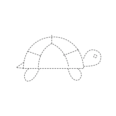 Dashed side view of a turtle with a divided domed shell and two visible feet.