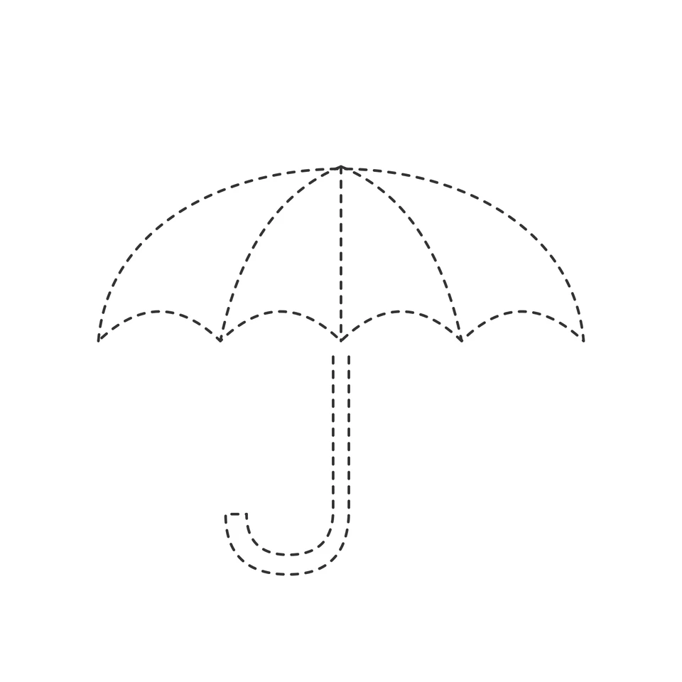 Dashed umbrella with a curved canopy, scalloped edge and hook-shaped handle.