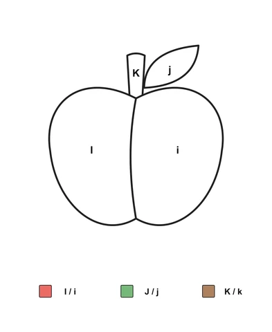 Apple with two sections, a stem and a leaf labeled I, i, j and K, with a color key for the English letter pairs I/i, J/j and K/k.