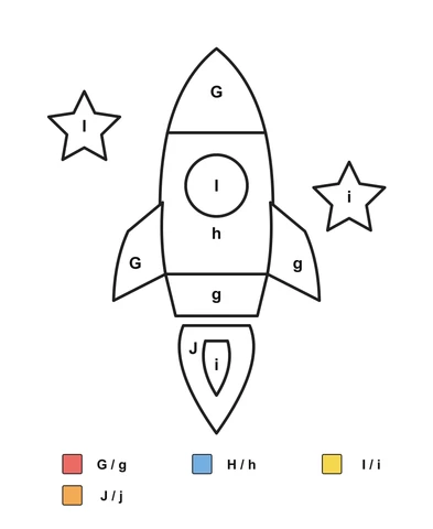 Rocket, round window, flame and two stars labeled G, g, h, I, i and J, with four letter-pair color swatches.