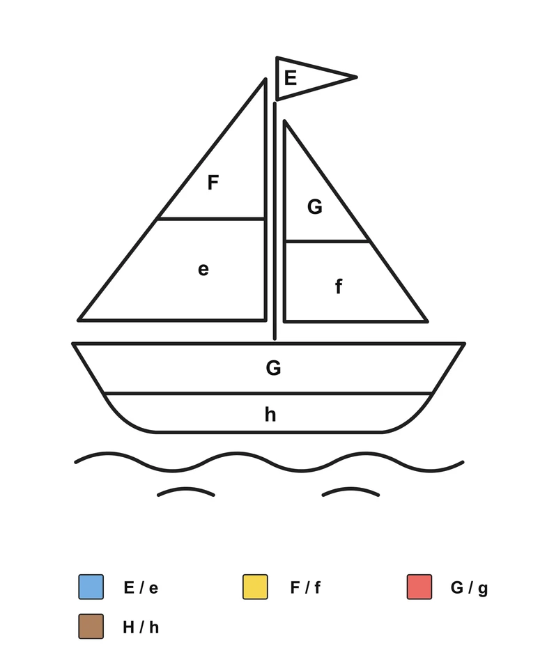Sailboat above waves with two divided sails, a flag, labels E, e, F, f, G and h, and a letter-pair color key.