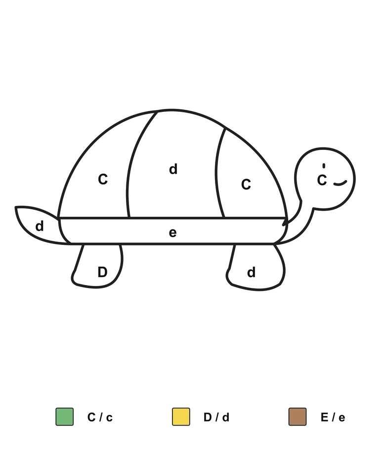 Smiling turtle with a divided shell, two visible feet and labels C, d, D and e, above a letter-pair color key.
